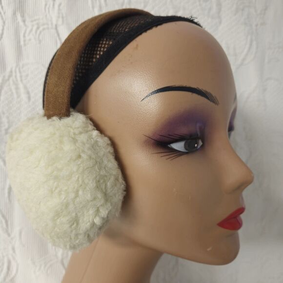 Hollister Vegan Fluffy Earmuffs Thick Cream Brown Headband Winter Warm Patch - Picture 1 of 8